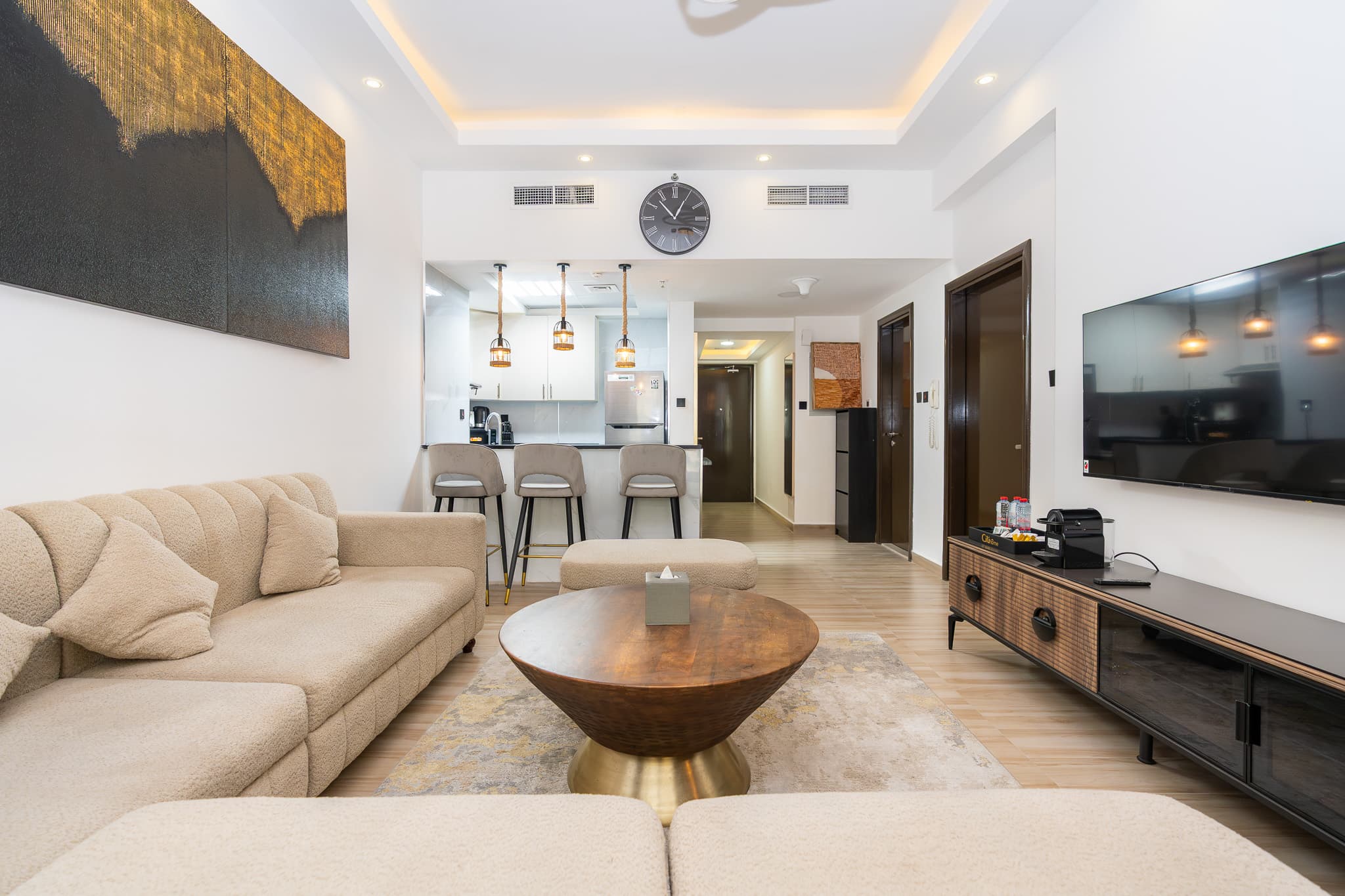 Open-plan living and kitchen area of a furnished Dubai Marina apartment
